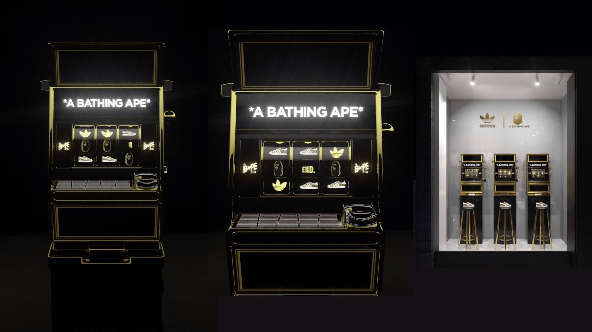 BAPE × adidas Originals still, CGI renders of the custom A Bathing Ape fruit machine and the store display.