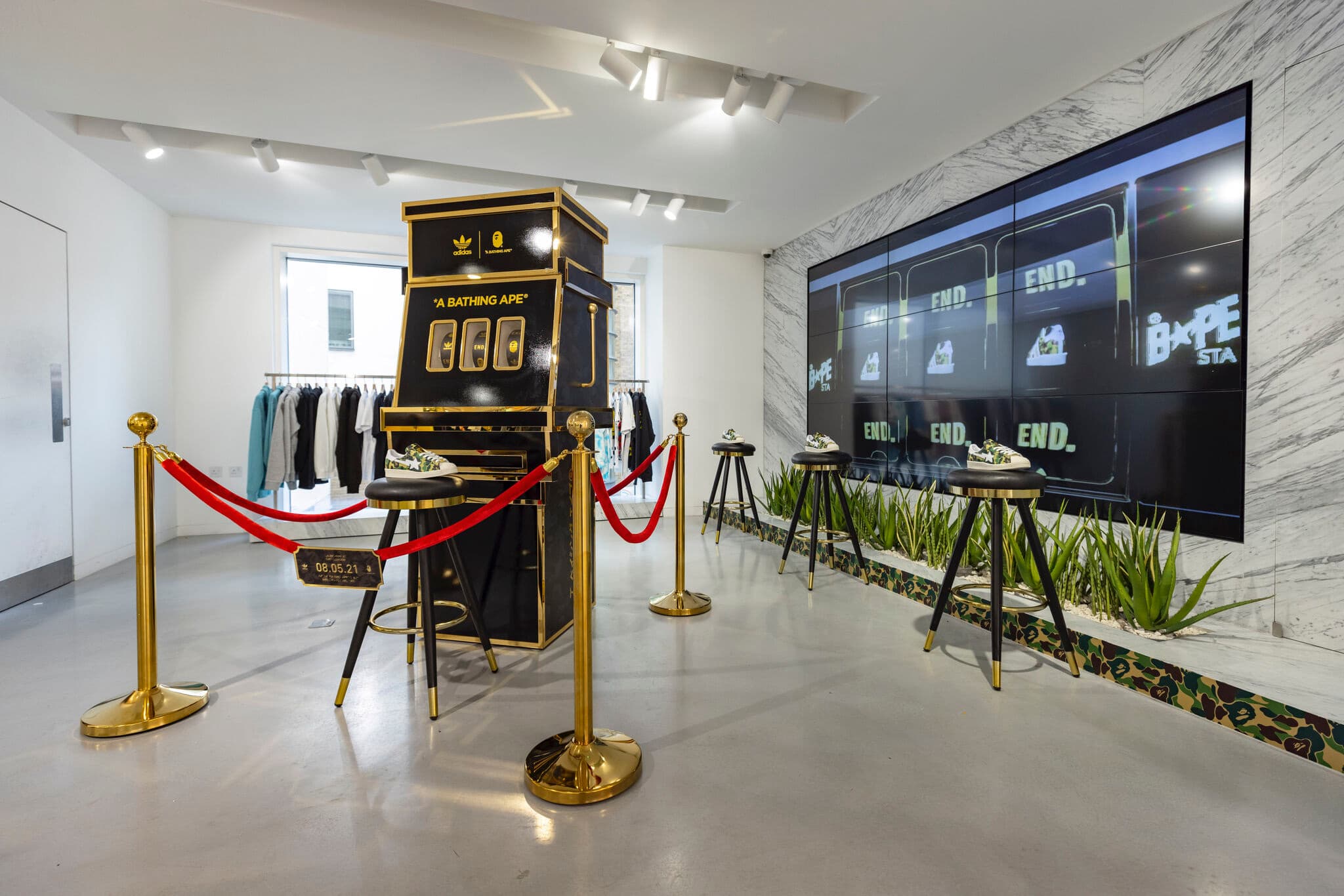 BAPE × adidas Originals still, the custom fruit machine installed in the END Clothing store, Soho.
