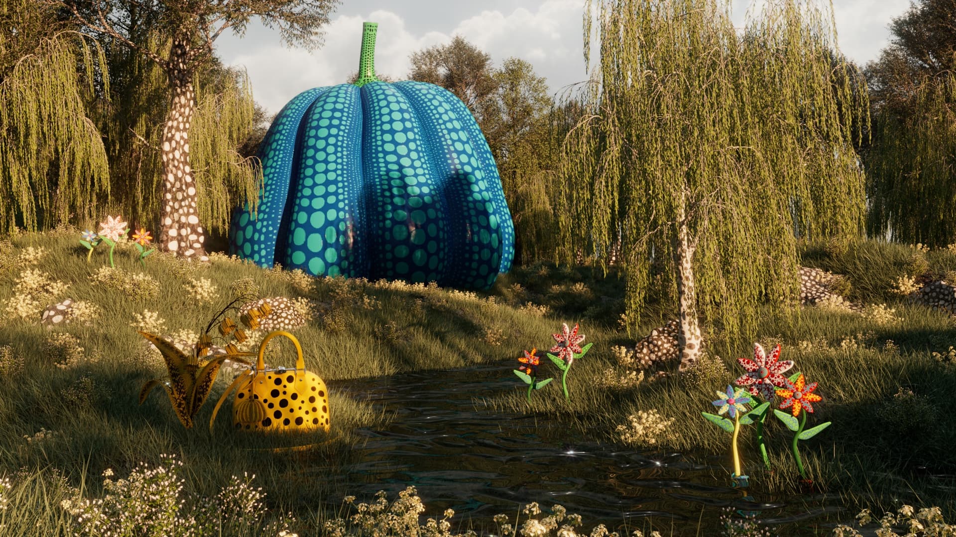 Kusama polka-dot forest interior.