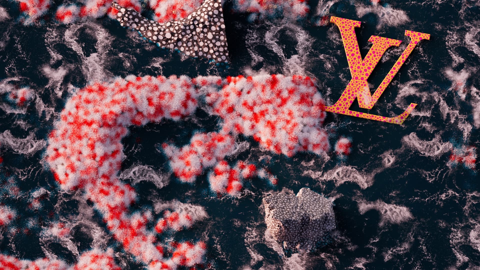 Bird's-eye render of a polka-dot meadow in the sea.