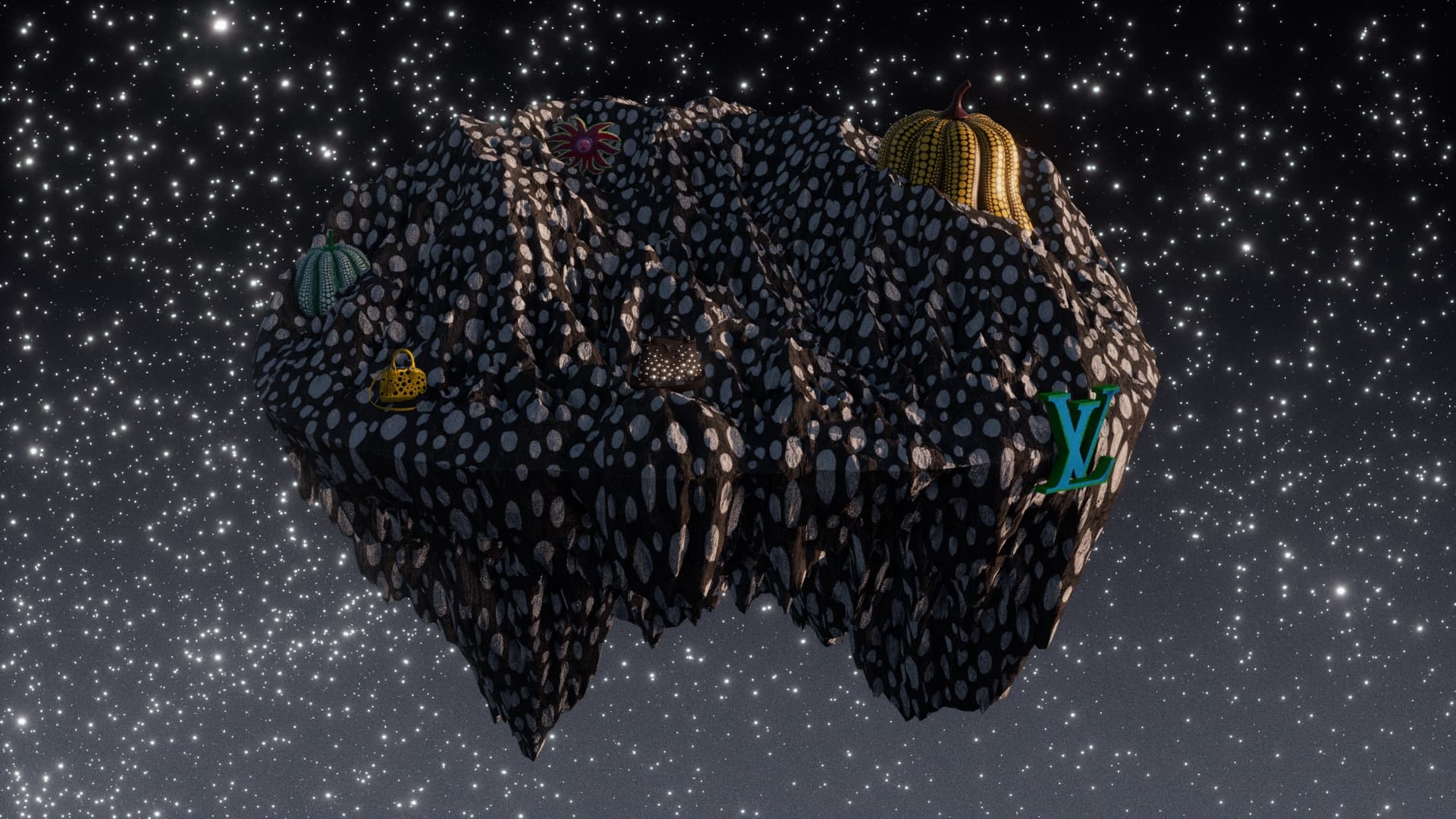 Kusama space-island environment, polka-dot field.