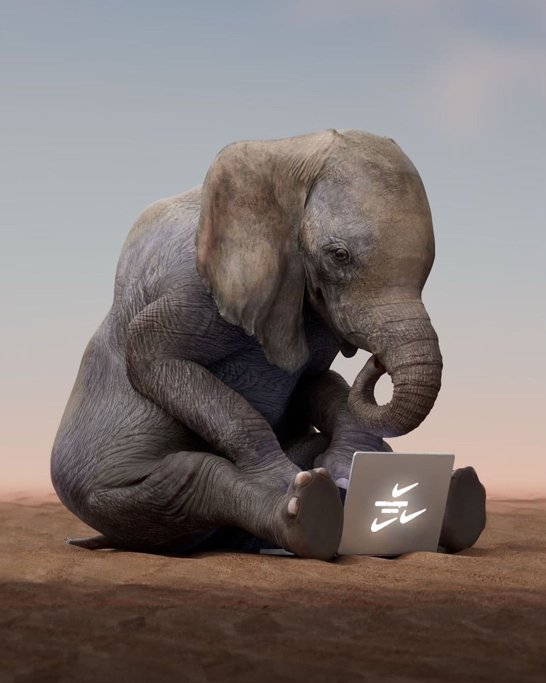 Comme des Garçons x Nike still, an elephant hunched over a Nike-branded block in a desert.
