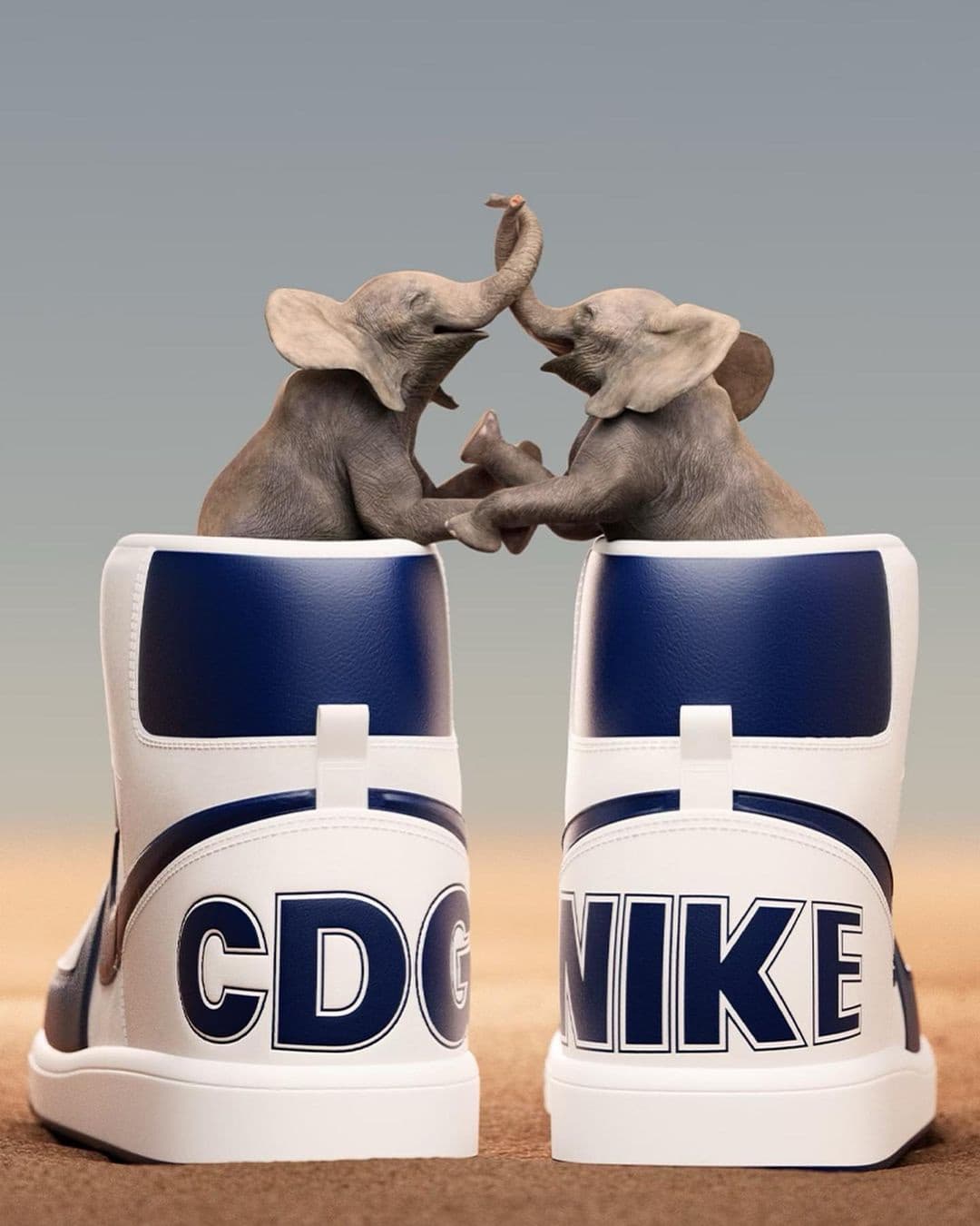 Comme des Garçons x Nike still, two baby elephants between a navy-and-white CDG and Nike Terminator pair.