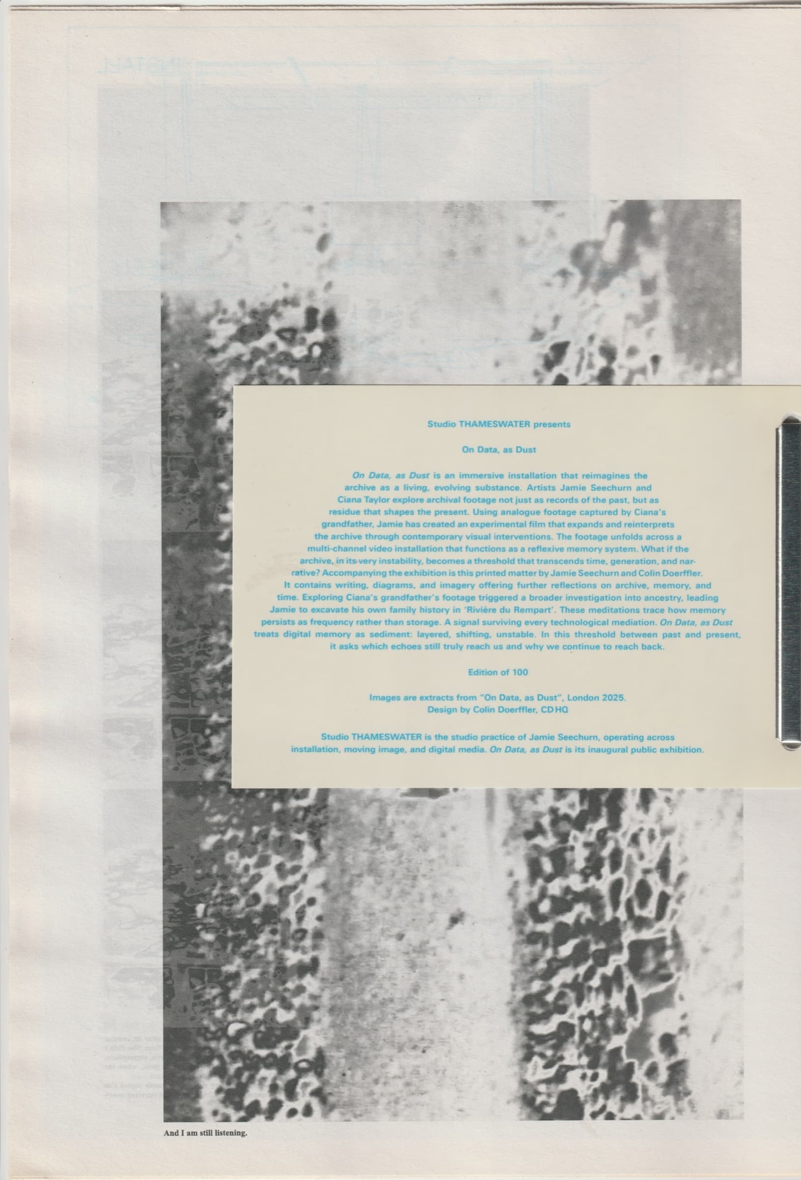 On Data, As Dust printed matter, tabloid back page.